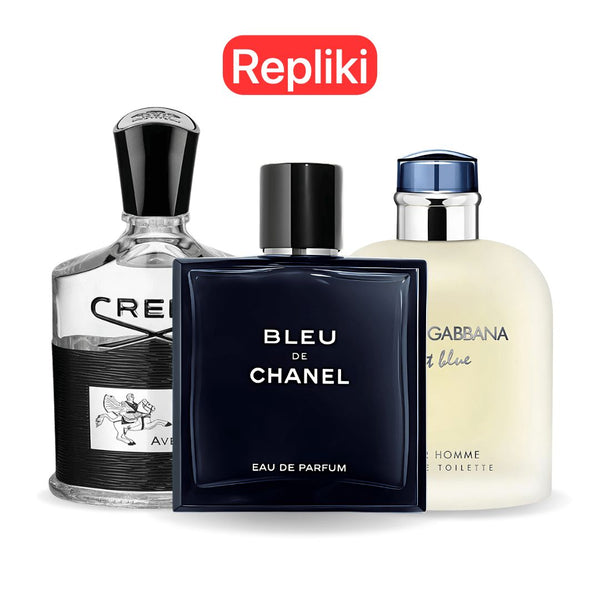ZESTAW PERFUM TYPU ZAMIENNIK (NIEORYGINALNE REPLIKI) Inspirowane perfumami: Bleu de Chanel, Creed Aventus, Light Blue Dolce Gabbana 100ml Eau de Parfum