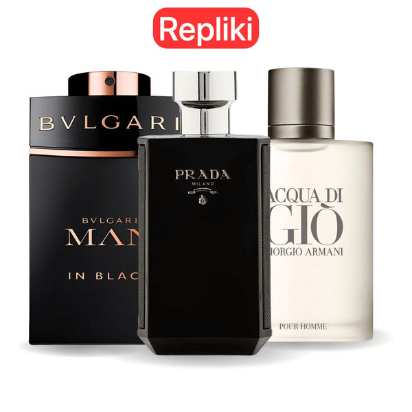 ZESTAW PERFUM TYPU ZAMIENNIK (NIEORYGINALNE REPLIKI) Inspirowane perfumami: Bvlgari In Black, Giorgio Armani Acqua Di Gio, L'Homme Prada Intense 100ml (Copy) GOOGLE - MATEUS